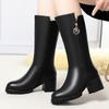 Autumn Winter Black Leather Fleece-Lined Half High Boots for Women Elegant Heeled Mid Calf Shoes Woman Goth Chic Footwear Sale