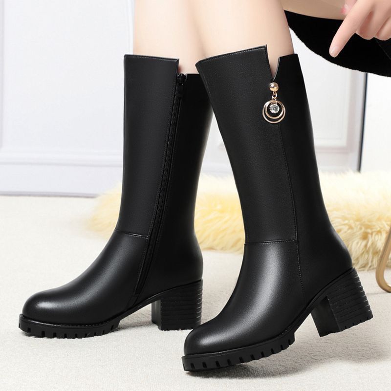 Autumn Winter Black Leather Fleece-Lined Half High Boots for Women Elegant Heeled Mid Calf Shoes Woman Goth Chic Footwear Sale