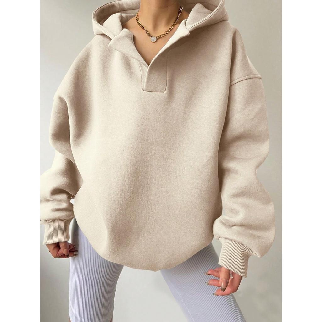 Women's Notch Hood Long Sleeve Sweatshirt Oversized Fit Casual Solid Polyester Pullover Hoodie