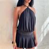 European and American Summer Women's Sexy One Shoulder Backless Solid Color Hanging Neck Dress