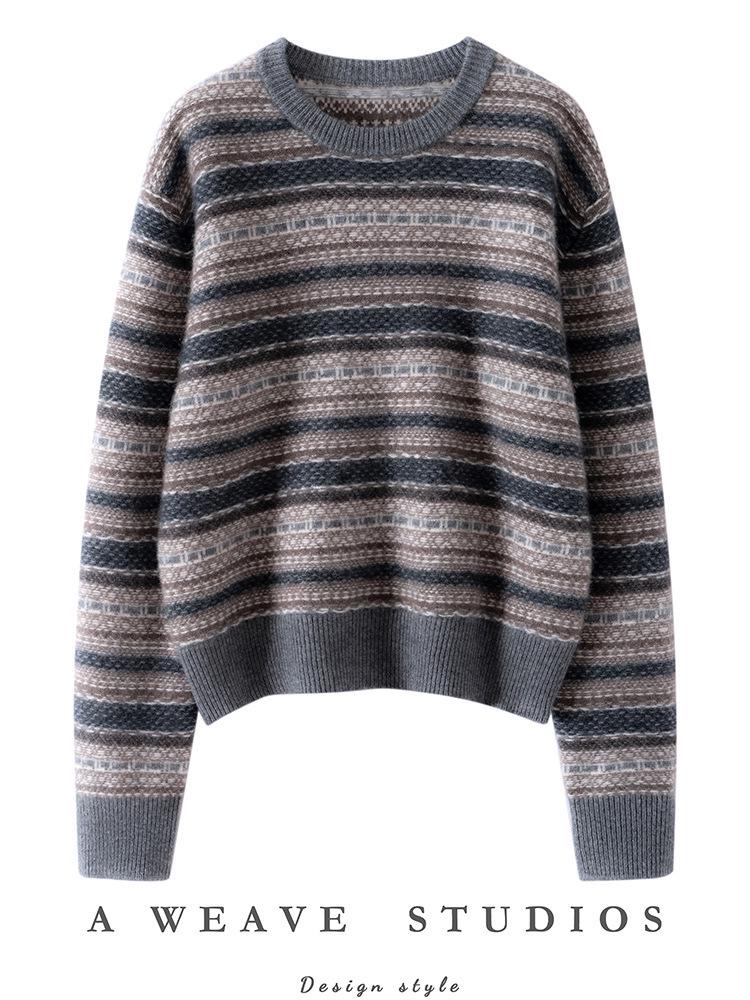 Ретро Кашемировый Свитер Fair Isle для Женщин, Утолщенный, С Круглым Вырезом, Свободный Вязаный Топ