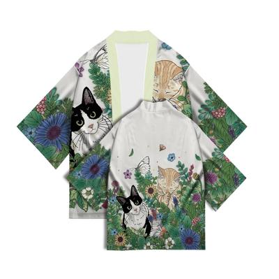 Новый женский милый кардиган-кимоно с цифровым принтом котенка, летний, с рукавом семь восьмых, японское кимоно