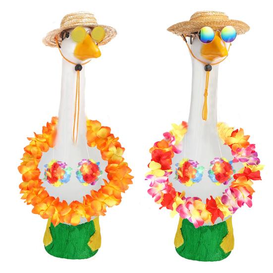 Летние наряды для крыльца гуся, гавайская соломенная шляпа леи, солнцезащитные очки, праздничный костюм для отпуска, пластиковая статуэтка гуся 23"/17", украшение для лужайки и патио
