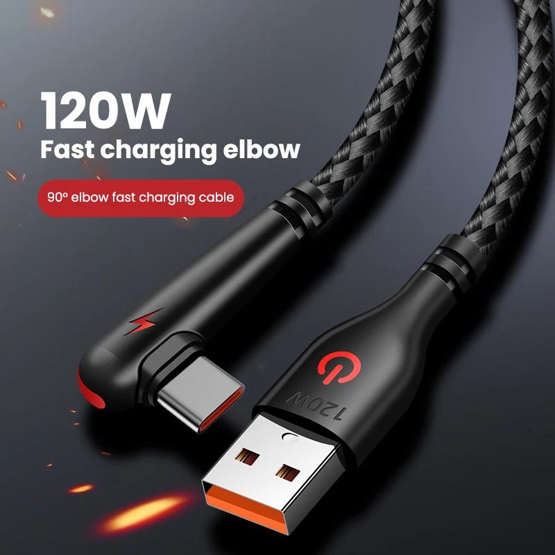 120 Вт USB-кабель Type C с углом поворота 90 градусов для быстрой зарядки мобильного телефона Xiaomi Redmi Huawei Mate 40 30, шнур для зарядки телефона