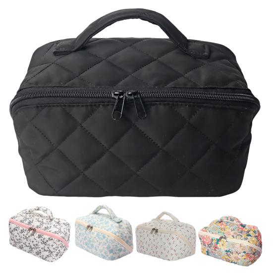 Стеганая косметичка с цветочным принтом, полностью открывающаяся на 180 градусов, дорожный органайзер для косметики, женская большая вместительная сумка для туалетных принадлежностей для отпуска, для ежедневного использования на туалетном столике