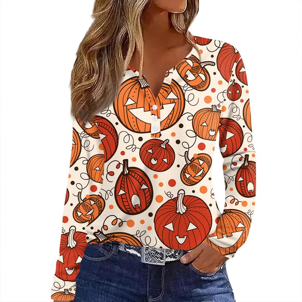 Жен. Футболка Футболка Хэллоуин С принтом Пуговицы Длинный рукав Повседневные Выходные Мода Классический Классический V-образный вырез Обычный Верх