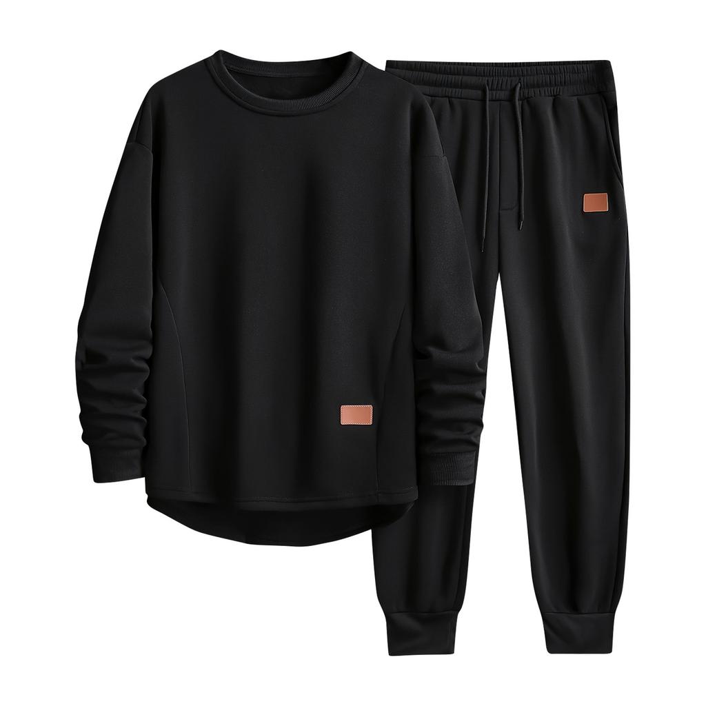 Мужской однотонный костюм с круглым вырезом, повседневный спортивный костюм из двух частей с длинными рукавами и брюками