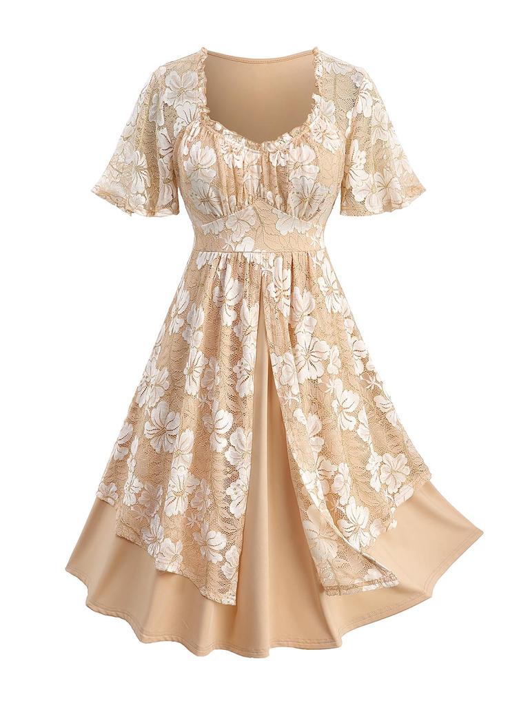 Rosegal Plus Size Цветочные кружевные вставки Золотая линия Сборка Многослойное платье А-силуэта