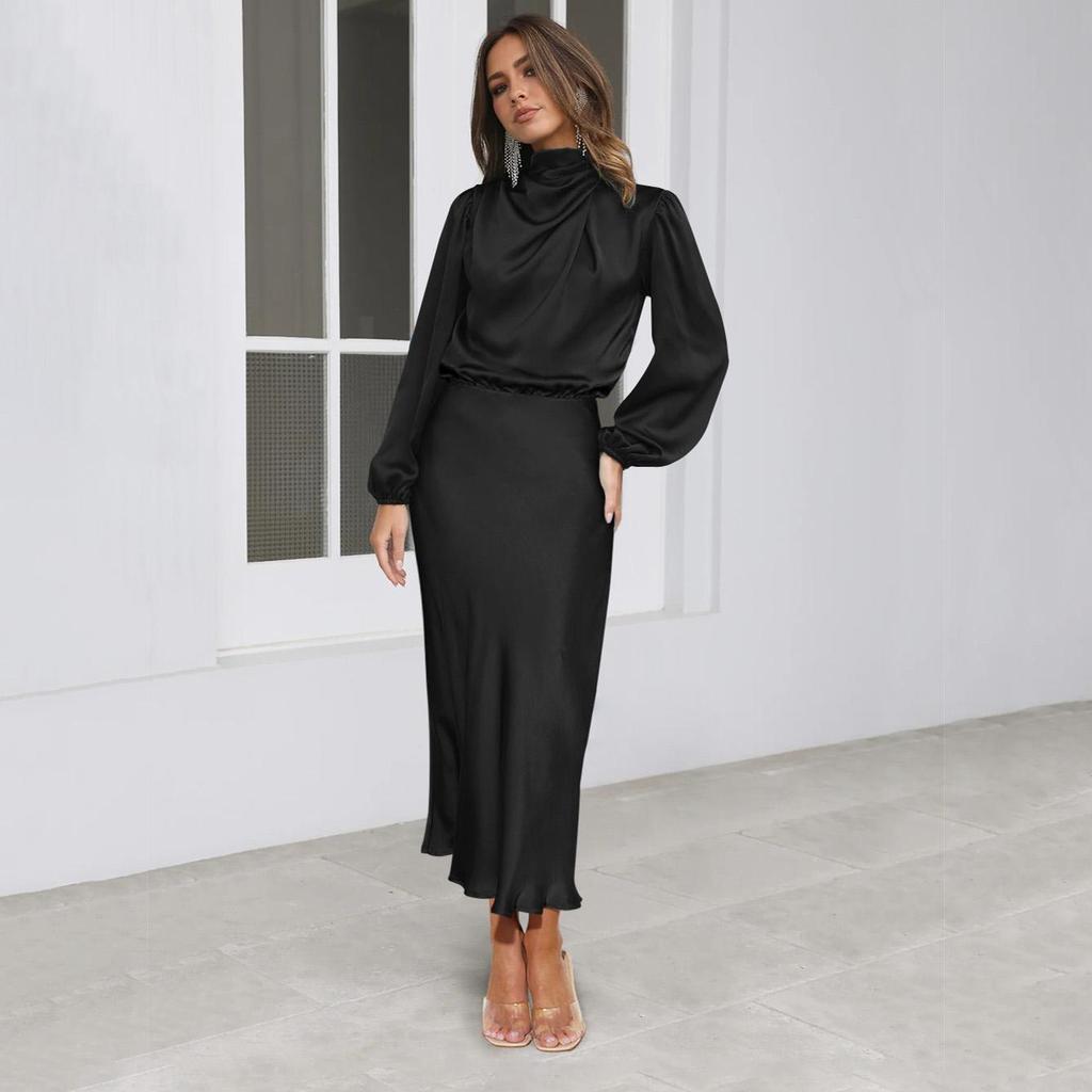 Женское весеннее вечернее платье с длинным рукавом-фонариком, элегантное длинное платье трапециевидной формы с бретелькой на шее и высокой талией, сплошной цвет