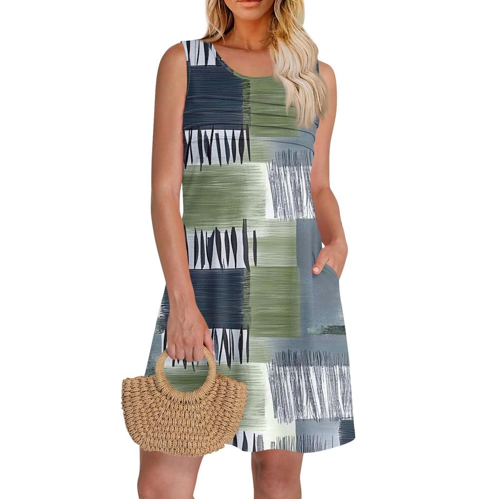 Женские летние платья с круглым вырезом, плиссировкой спереди, без рукавов, карманами, сарафаном, повседневным платьем