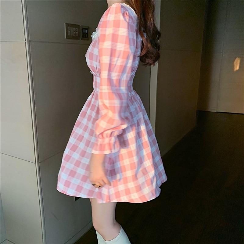 Japanese Autumn Women Mini Lolita Dress Square Collar With Lace Pink Plaid Black Beading Dress Flare Sleeve Cute Kawaii Feminine Dress