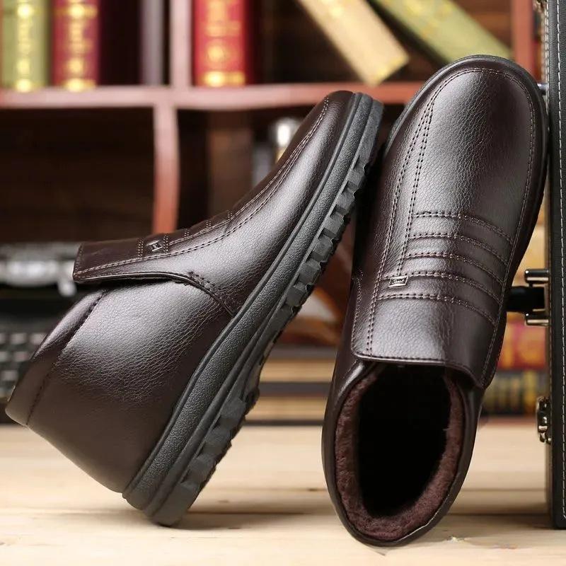 Новые мужские зимние теплые и плюшевые мужские повседневные кожаные хлопковые туфли с высоким берцем