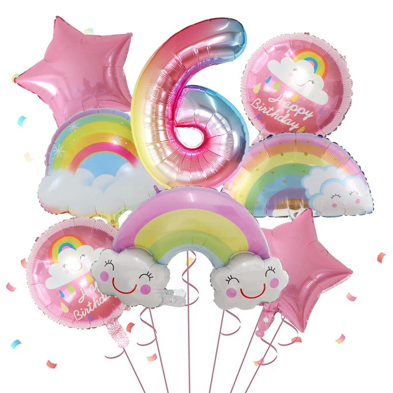 8pcs Rainbow Smile Cloud Balloon 30 inch Gradient Number Foil Balloons 1-9 Year Old Kids Birthday Party Decors Baby Anniversary