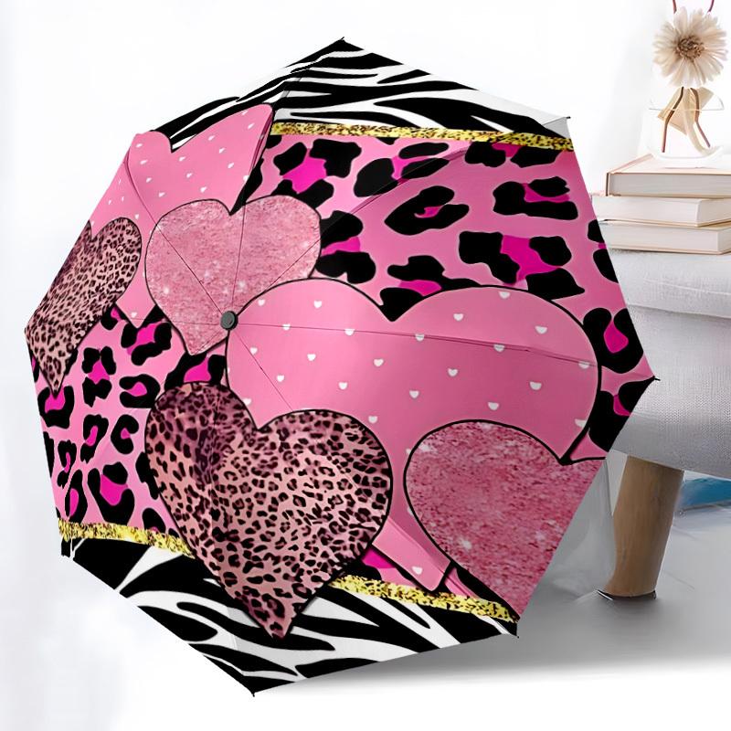 1pc Heart Print Automatic Cute Umbrella 8-Bone Design Compact Gear for Outdoor Travel, Perfect Holiday Gift yy251230055