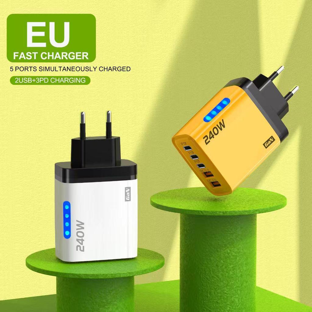 240W Multi-Port Charger: 3 PD + 2 USB Ports, Fast Charging for Apple & Huawei Phones