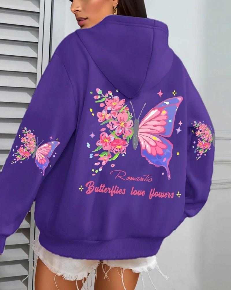 Farfalle Amore Fiori Print Women'S Hoodie Fall Loose Casual Pocket Fleece Jumper
