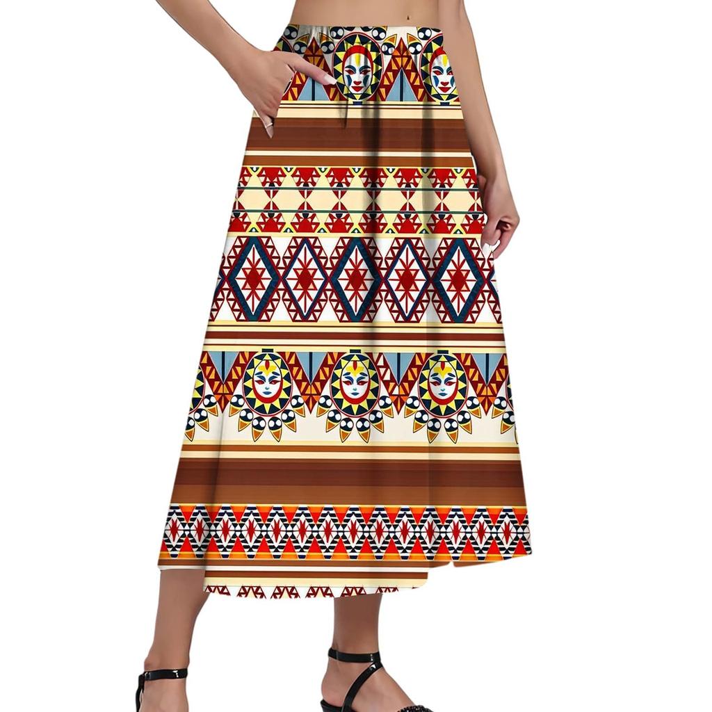 Ladies Casual Fashion Printed Skirt Elasticated Loose Pocket Pleated Half-body Skirt (With Side Pocket)
