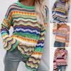 Loose Casual Women Sweater Round Neck Long Sleeve Contrasting Color Stripe Knitted Top for Daily Wear
