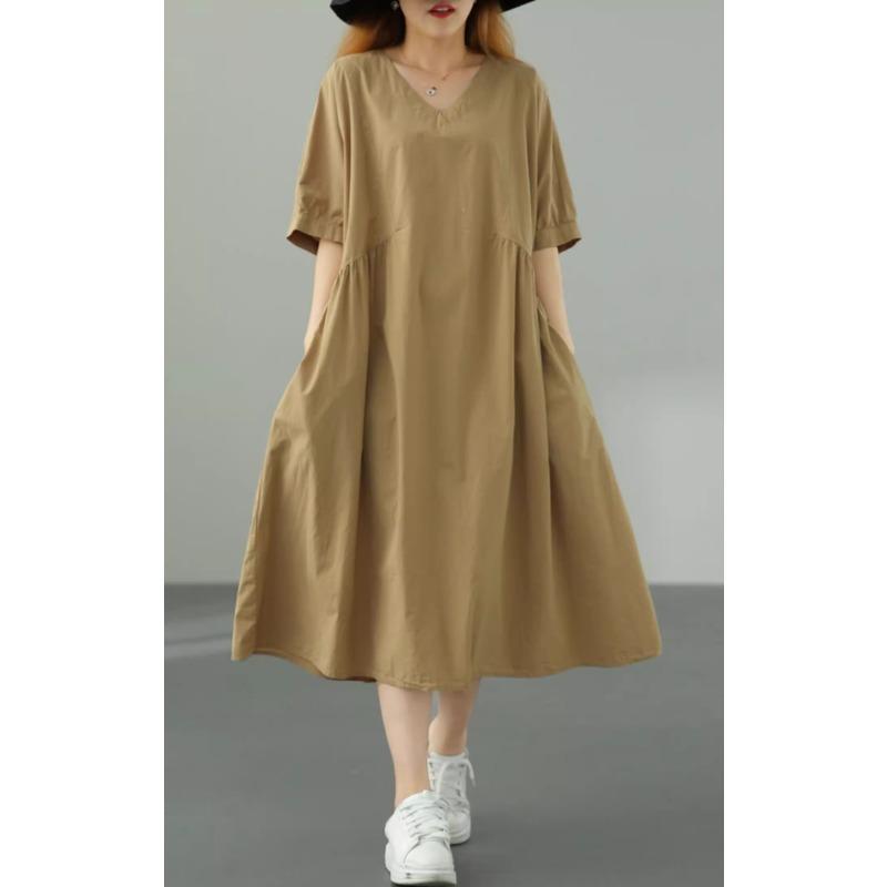 DIMANAF 2025 Весеннее однотонное платье Женское повседневное винтажное длинное платье Свободное базовое зеленое черное оранжевое платье