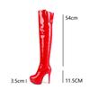 Сексуальные женские сапоги на очень высоком каблуке выше колена из лакированной кожи с красной молнией на платформе, длинные сапоги