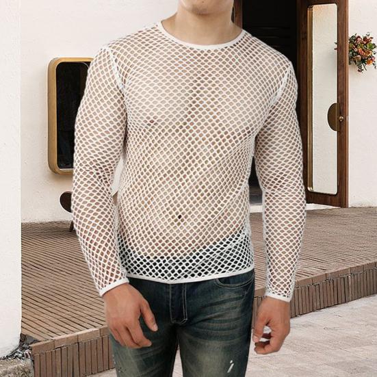 Мужской клубный топ, прозрачный ажурный сетчатый круглый вырез с коротким рукавом, свободный тонкий пуловер в стиле хип-хоп, уличная мужская футболка