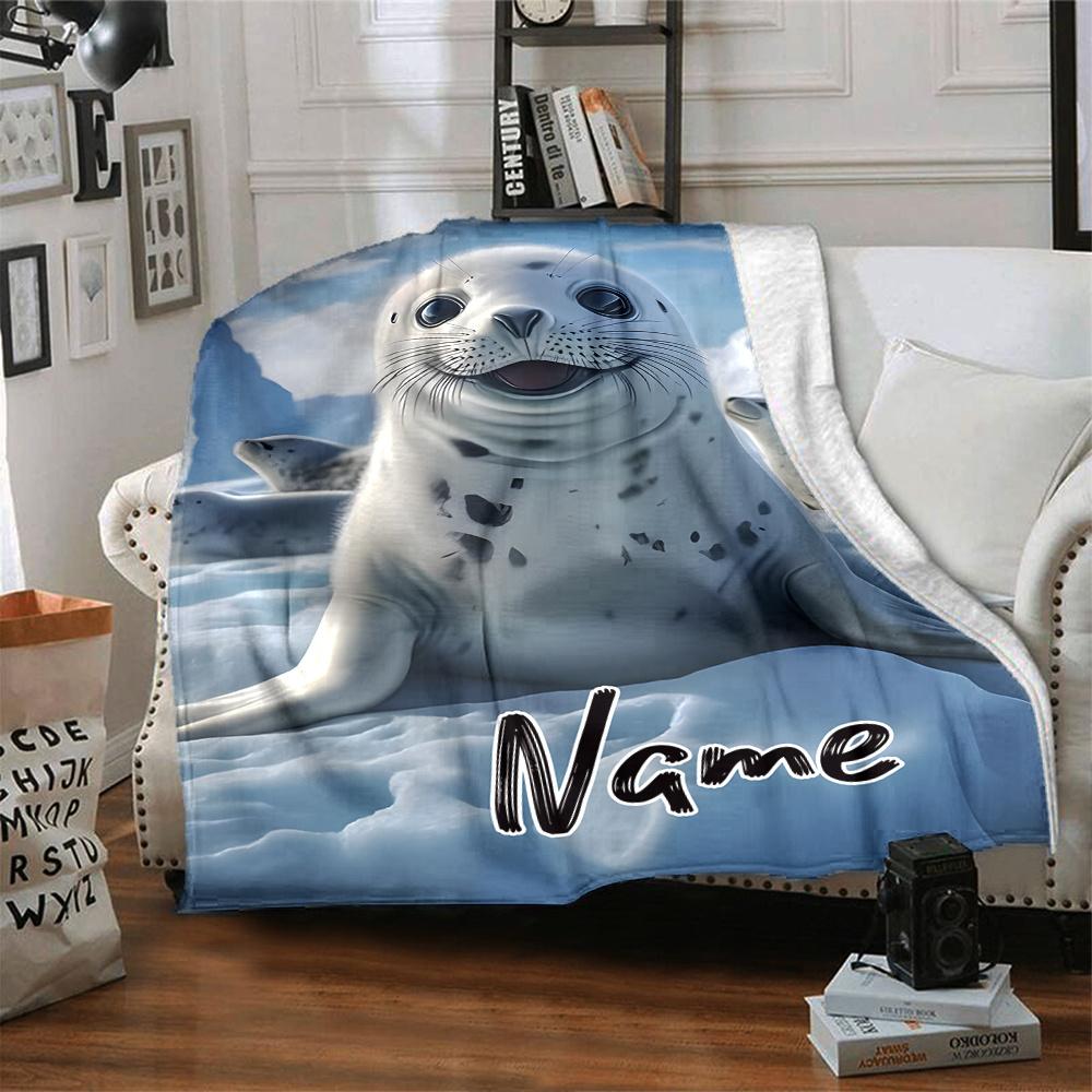 Arctic Seal On Ice With Snowy Background Gift Customizable Blanket Personalized Name Comfortable Throw For Sofa Couch Office Bed Picnics For All