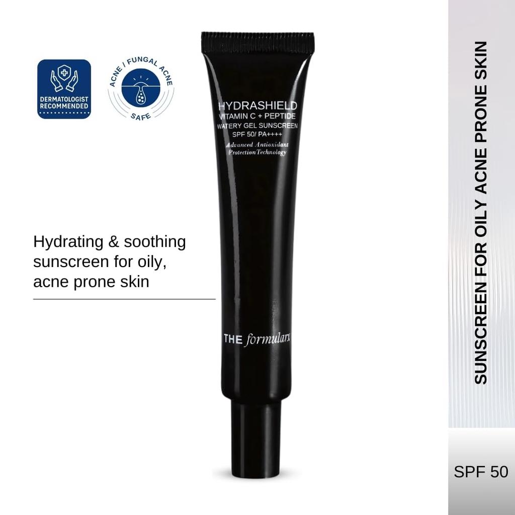 Солнцезащитный крем Formularx Hydrashield SPF 50 PA++++ с витамином C и пептидом | Для жирной, склонной к акне и грибковому акне кожи | Широкий спектр УФ и синего света