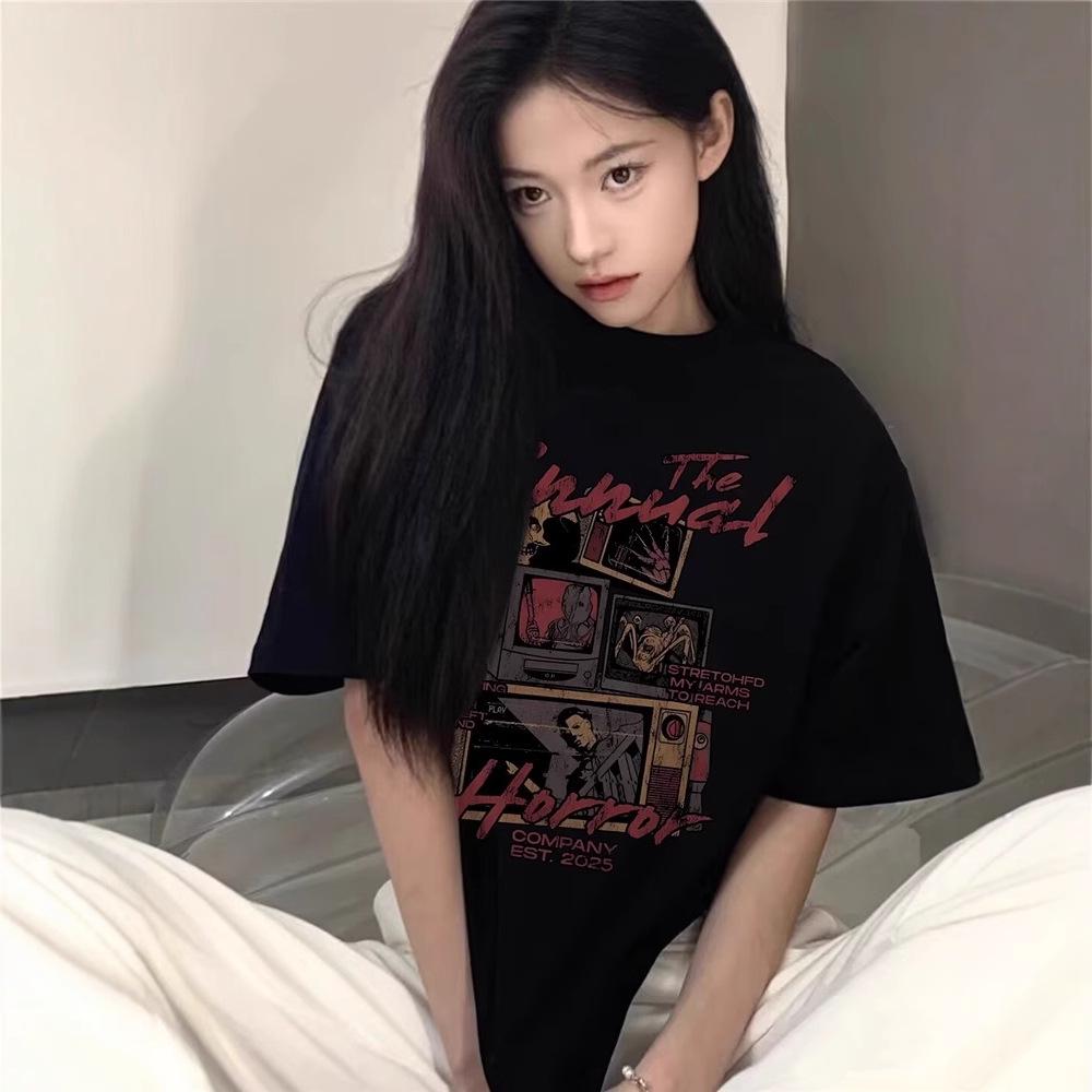 Женская футболка свободного кроя 2025 года из хлопка в стиле хип-хоп с рисунком из мультфильмов