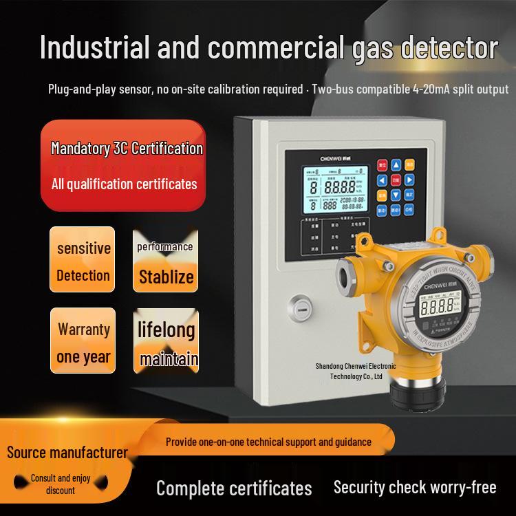 Explosion-Proof Industrial Gas Detector for Toxic Gases, Oxygen, and Carbon Dioxide; Sound and Light Alarm Included