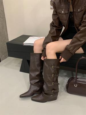 Каблук Брюки Ботинки Пряжка для ремня Ботинки 2025 Осень/Зима Остроносые Ботинки в стиле вестерн ковбойские Винтажные Ботинки Spice Girl Рыцарские ботинки