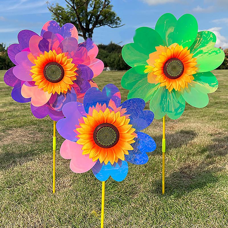 1 Set Outdoor Garden Decor Double Layered Sunflower Windmill Rotating Sunflower Wind Spinner Stake Standing Lawn Flower Pinwheel
