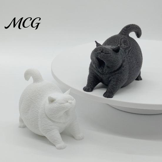 Office Desk Accessories 3D Printed Cute Yawning Chubby Cat Figurine, Black White, Wide Stable Anti-Tipping Base, Minimalist Statue Desktop Decor