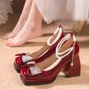 Fashion Pearl Strap High Heels Pumps Women Patent Leather Crystal Bowknot Party Shoes Woman Square Toe Thick Heel Mary Janes