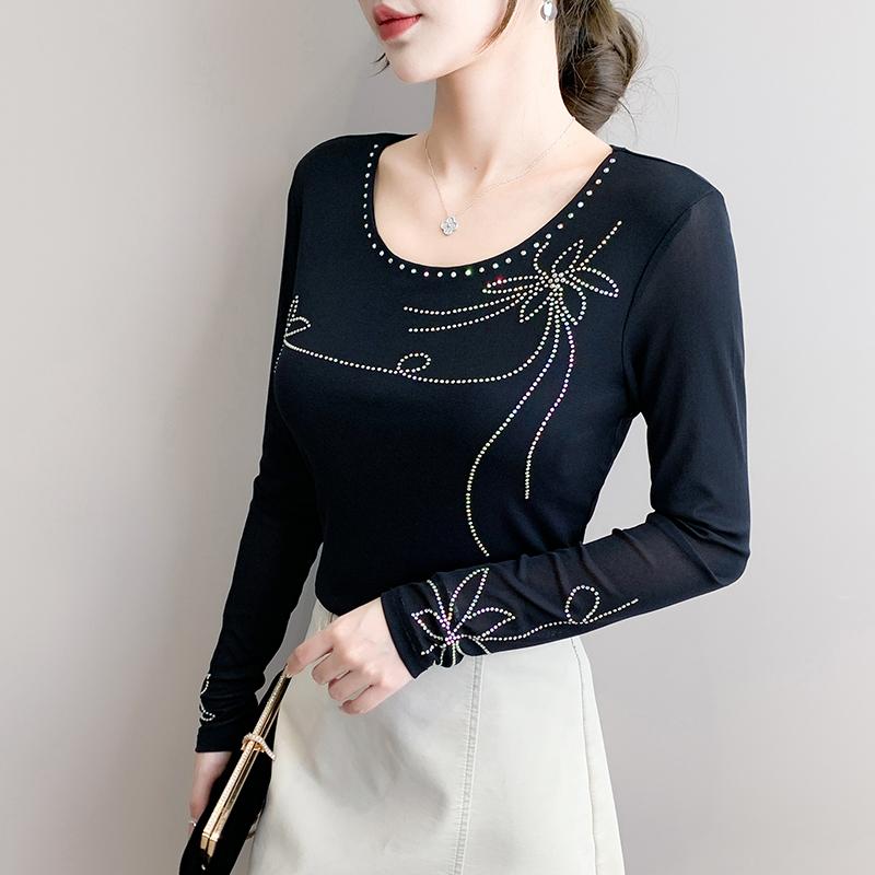 Весна Осень Женская Футболка со Стразами Горячей Фиксации Элегантная С Круглым Вырезом и Длинным Рукавом Приталенные Женские Топы