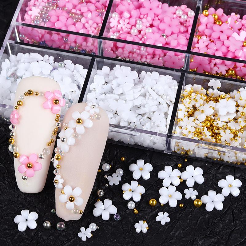 3D Flower Nail Charms, 3D Acrylic Flower Nail Art Rhinestones White Pink Mixed Cherry Blossom Spring Gems with Pearls Manicure DIY Nail Decorations