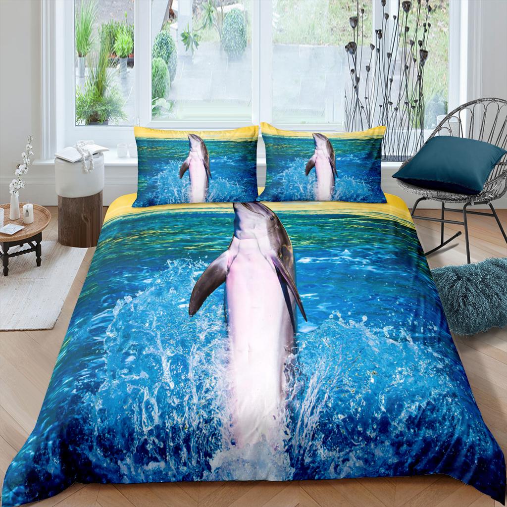 Dolphin Duvet Cover Set 3D Fish In Blue Sea Cute Animals Queen King Twin Full Size Bedding Set For Kids Boy Girl Comforter Cover
