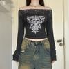 Gothic Print Cropped Top Black Lace Stitched Off-shoulder Slash Neck T-shirt Women Casual Autumn Tees Y2k Aesthetic Shirt