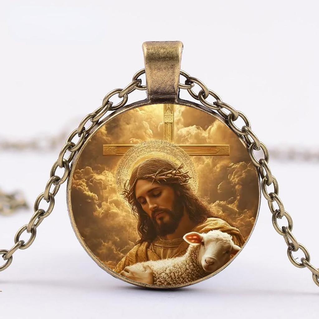 Jesus Holding A Lamb Necklace Pendant, Christian Jesus Glass Pendant Necklace Accessory