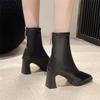 Fashion Brown Short Boots for Women, High Heels, Thick Heel, Back Zipper, Square Toe, 2024 New Winter Elastic Slim Boots
