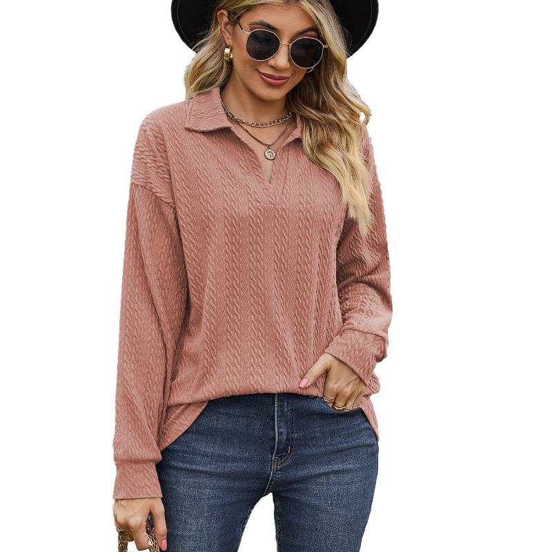 Spring and Autumn Women's Blouse Solid Color Lapel Loose Sweatshirt Long Sleeve Top