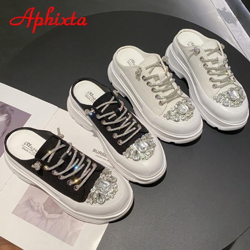 Fashion Aphixta Luxury Crystals Lace-up Toe Platform Slippers Women Rhinestone Slides Canvas Bling Shoes Wedge Thick Sole Slides