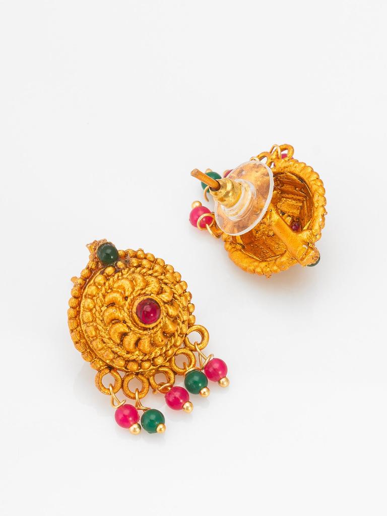 Gold-Plated Multi Stone-Studded & Beaded Temple Jewellery Set