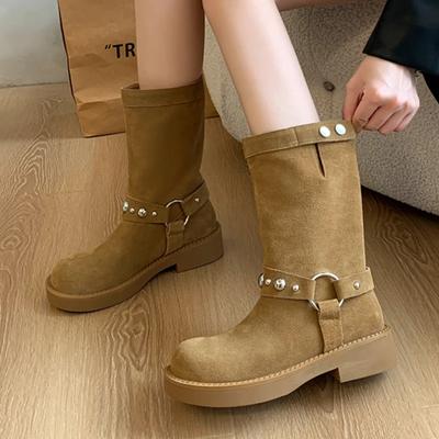 Обувь для женщин Модные женские сапоги с круглым носком Зимние замшевые однотонные ботинки средней длины на толстом каблуке Botas De Mujer