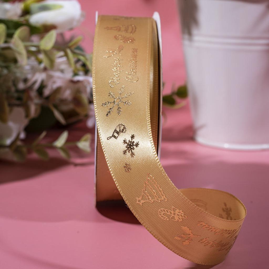 Holiday Decoration Ribbon Smooth Polyester Satin Ribbon Gold Foil Printed Ribbon Multiple Colors For Christmas Gift Decoration