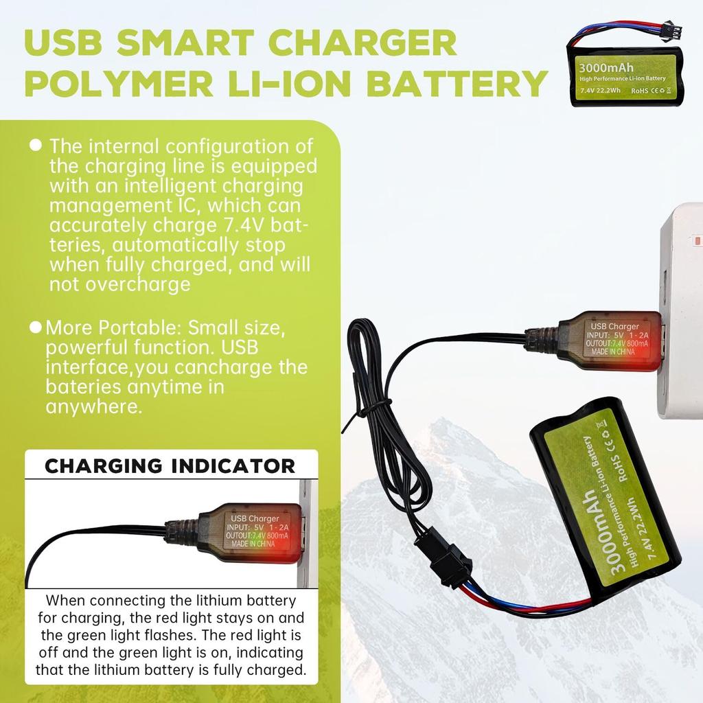 2 шт. 7,4 В 3000 мАч 15C 2S литий-ионный аккумулятор с разъемом SM-3P и USB-кабелем для зарядки для DE43, DE60, 9500E, Huina 1575 инженерный автомобиль с дистанционным управлением, и