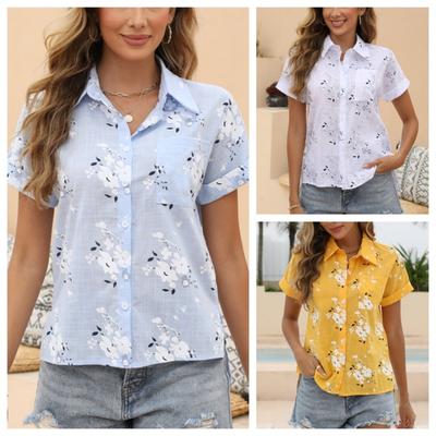 Хлопково-льняная рубашка с отложным воротником, однобортная блузка, женские белые, желтые, синие топы, летние рубашки с короткими рукавами и цветочным принтом
