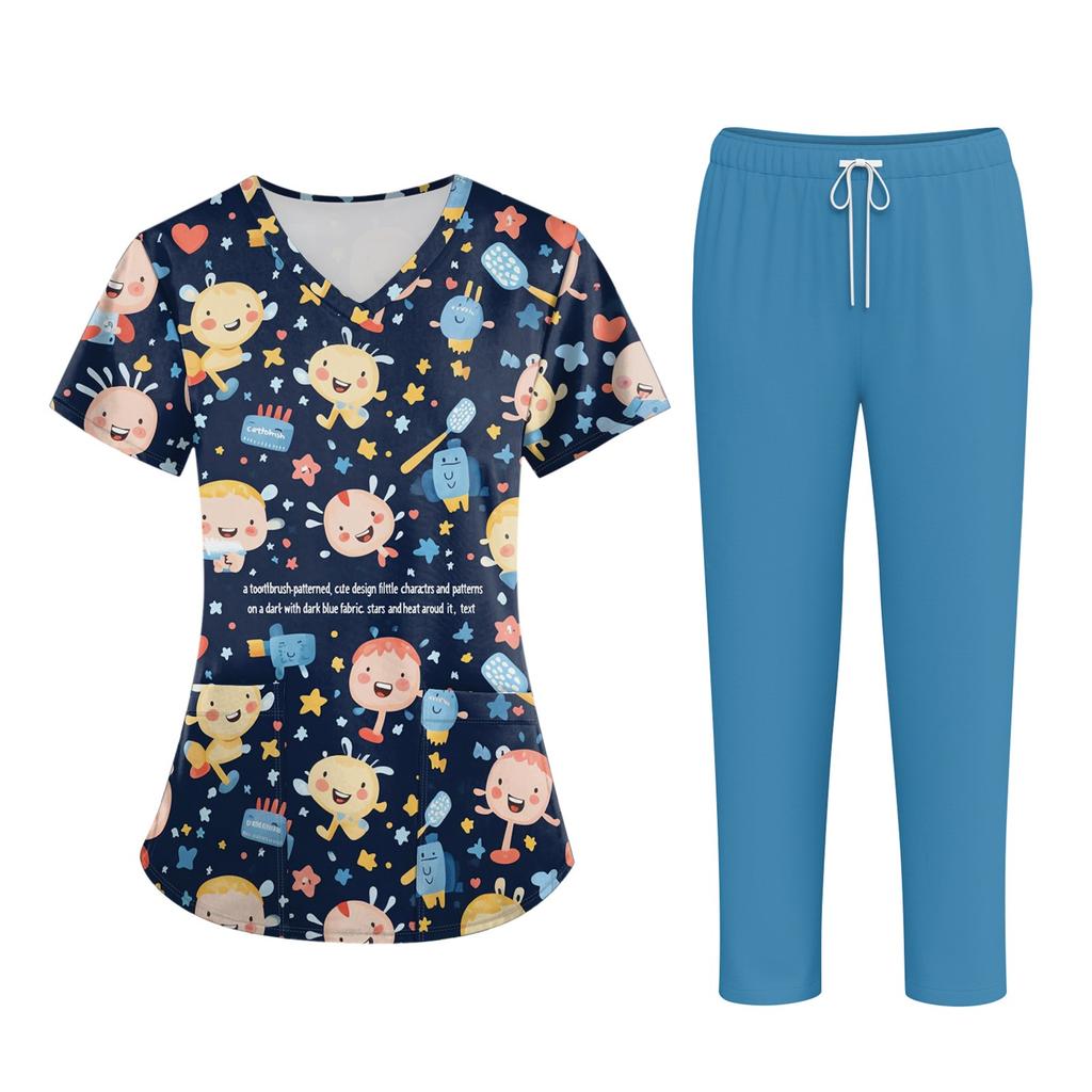 Плюс размерСкраб с принтом Рабочая форма Топы для женщин Крест V-образным вырезом Хэллоуин Принт с короткими рукавами Забавные футболки Спецодежда Футболка с карманами