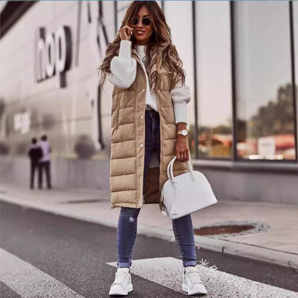 «2021 г. Однотонный однобортный жилет средней длины из хлопка с капюшоном в европейском и американском стиле»