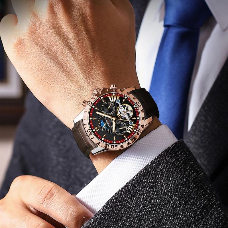 POEDAGAR Tourbillon Automatic Mechanical Wristwatch Waterproof Luminous Date Week Leather Men Watch Luxury Fashion Watches