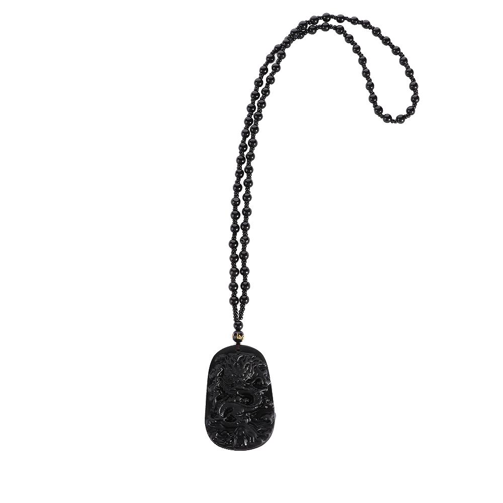 for Men Auspicious Beaded Chain Stone Rope Dragon Totem Pendent Necklace Carved Natural Obsidian
